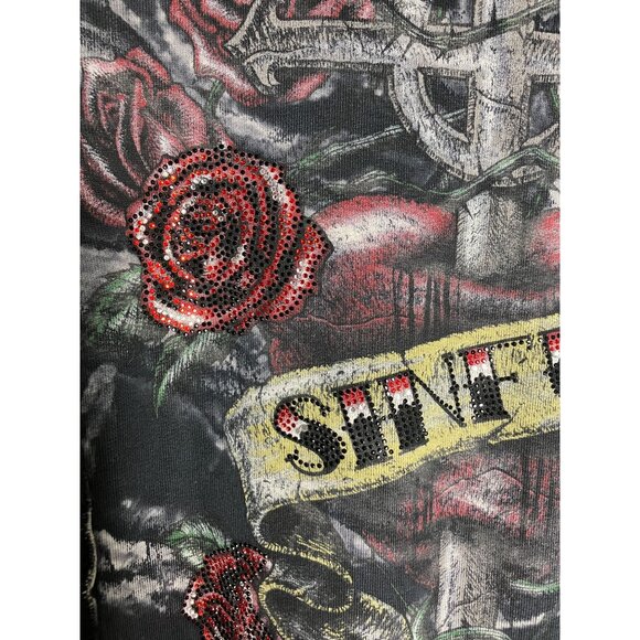 Y2K Sinful Affliction Womens Medium Zip Up Hoodie Black Tie Dye Rose Tattoo Hear - Picture 12 of 13